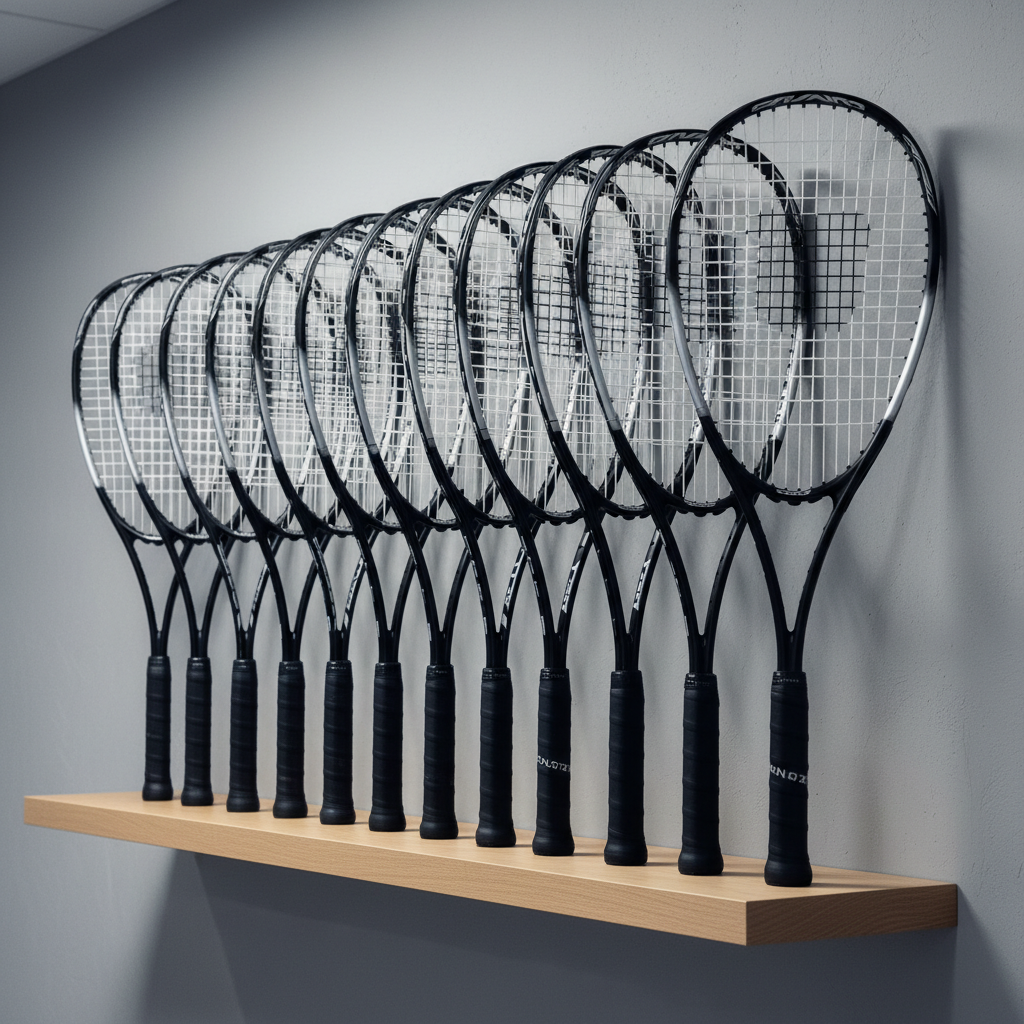 An organized array of premium squash rackets, meticulously placed on a simple, floating shelf made of light oak with a matte finish. Each racket features clean black and silver frames with tightly woven white strings and fresh, unmarked rubber grips. The background is a neutral, softly textured wall in subdued gray, lending a modern and professional atmosphere. Cool, even lighting from above casts soft, subtle shadows beneath the rackets, enhancing depth and clarity. Photographed at an eye-level angle with the rackets aligned in parallel, the composition feels structured, highlighting precision and order. The overall mood is calm, inviting, and highly professional, representing the club’s commitment to quality equipment within a photographic realism style.