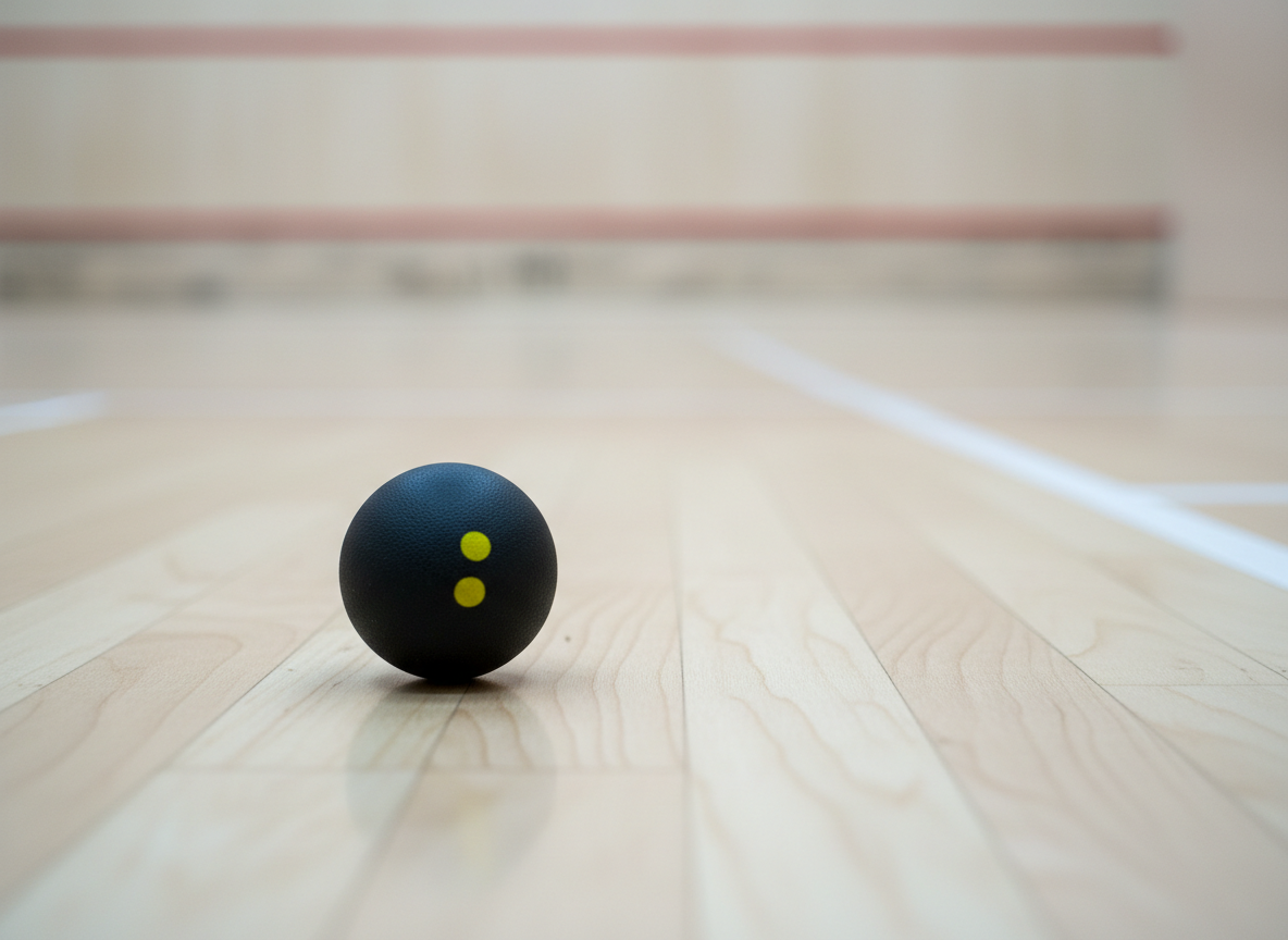 A close-up of a regulation squash ball—matte black with two yellow dots—resting on a freshly swept, light-colored wooden court surface that reveals subtle grain patterns. The surrounding floor is flawlessly clean, with faint reflections of court lines visible in the background. Cool, diffused overhead lighting gently highlights the ball’s texture and bounces softly off the wood, creating a balanced visual effect without harsh shadows. Shot with a shallow depth of field from a low, side-on perspective, the ball is sharply in focus while the background softly blurs, evoking a sense of anticipation and calm focus. The image’s minimalist, photographic realism style captures the essence of professionalism and the detailed attention to club standards.