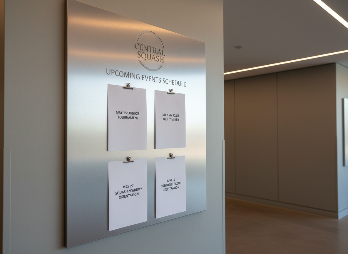 A sleek wall-mounted information board crafted from brushed aluminum with crisp, engraved lettering displaying the Central Squash logo and an upcoming events schedule. The board features neatly arranged printed sheets, each carefully clipped and spaced with plenty of white space for clarity. The setting is a clean, well-lit clubhouse lobby with a minimalist design, featuring neutral gray walls and subtle architectural detailing. Gentle, warm-toned ceiling lights illuminate the board, creating inviting highlights with soft edges and minimal reflections. Captured from a slightly angled perspective at waist height, the composition draws the eye to the details of the board, conveying an atmosphere of organization and professionalism. The aesthetic is structured, modern, and directly supports the site’s informational purpose.